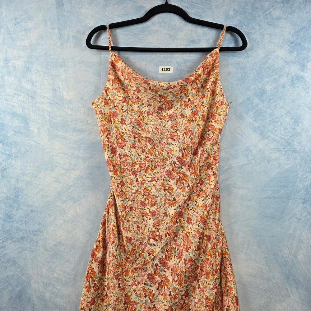 Dex Floral Cowl Neck Midi Slip Dress Pink Orange Small Asymmetrical Hem‎